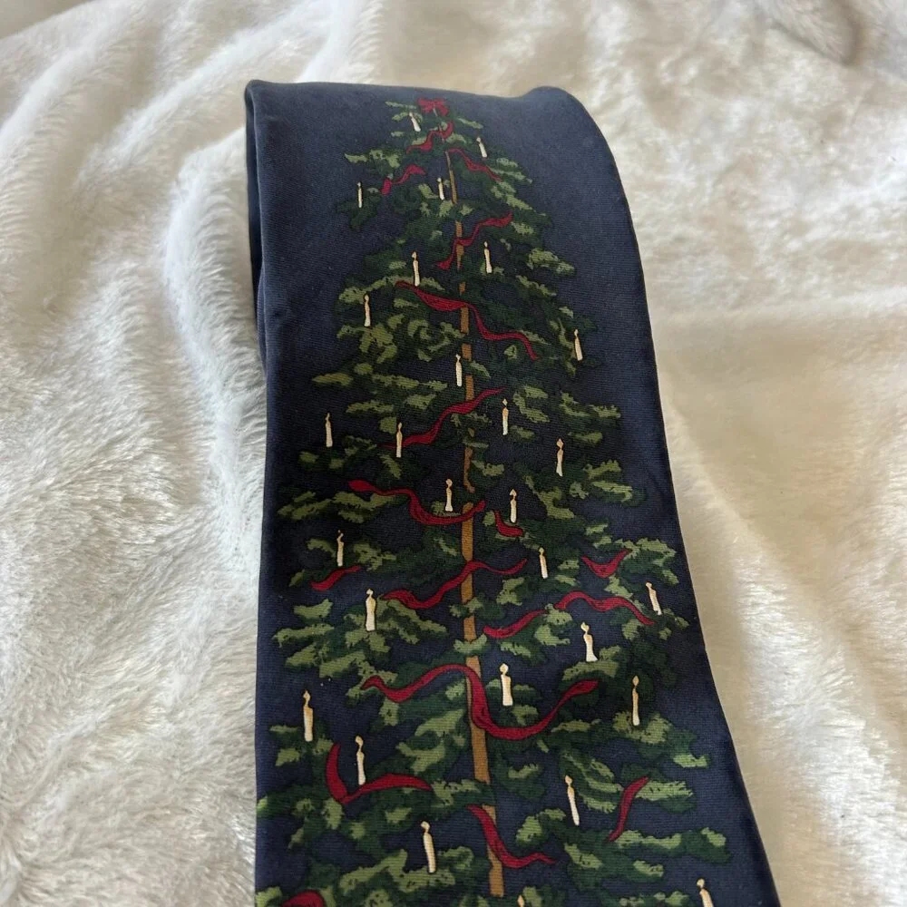 Britches Great Outdoors VTG Christmas Tree Tie Silk Blue Mens Holiday Teddy Bear